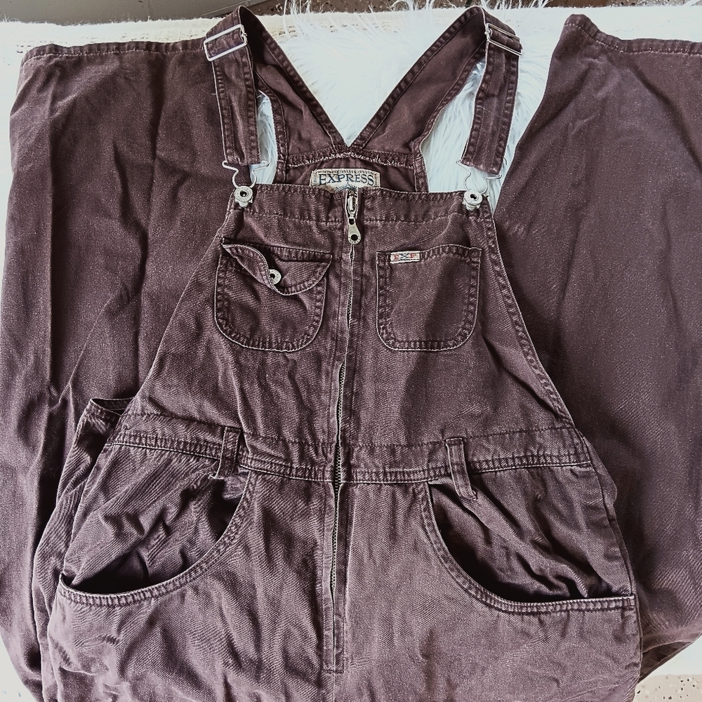 ↠ Vintage 90s Express Jeans Cotton Denim Straight Wide Leg Barn Chore Overalls - Picture 5 of 6